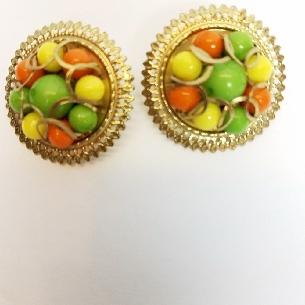 Vintage Earrings Orange, Yellow, Green Circular Pierced Beaded Button Gold